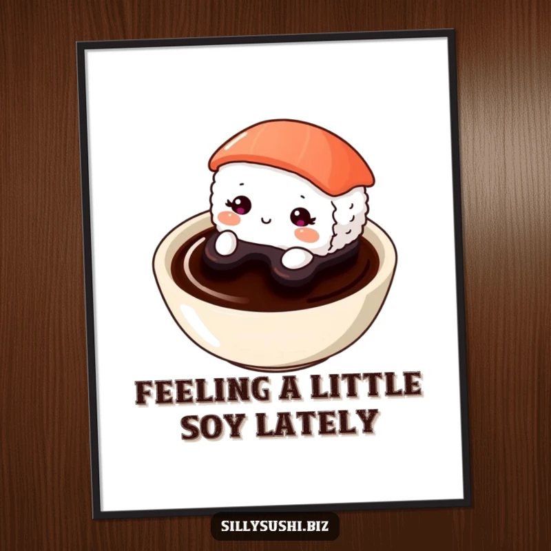 Funny Free Printable Shy Sushi Wall Art: A cute sushi character peeking shyly from a soy sauce dish, adding a touch of whimsy.