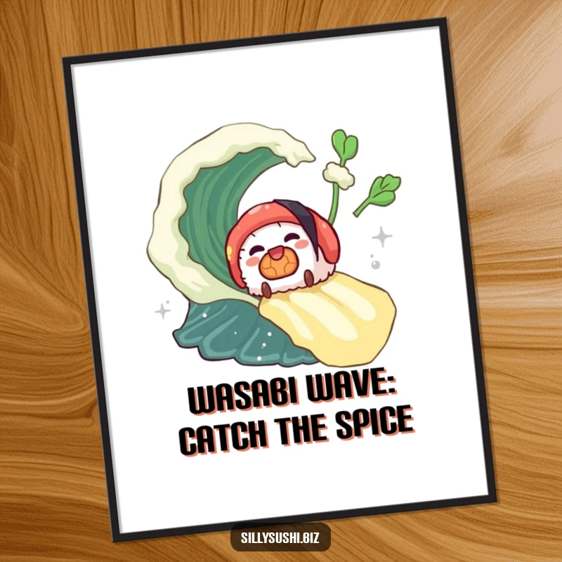 Funny Free Printable Wall Art depicting a sushi piece adventurously sliding down a bright wasabi wave, creating dynamic and playful decor.