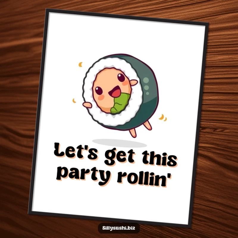 Funny free printable wall art: A happy sushi roll executes a playful somersault, bringing a cheerful and whimsical vibe.