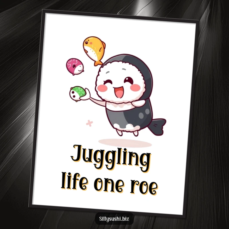 Funny Free Printable Wall Art showcasing a sushi character expertly juggling colorful roe, adding a playful and artistic touch.