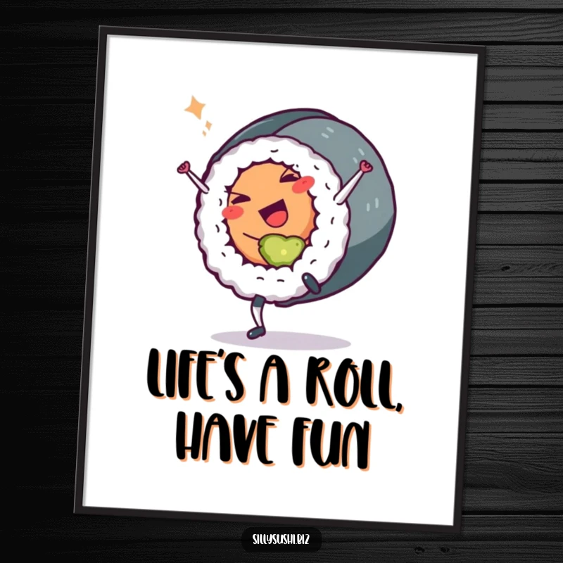 Funny Free Printable Sushi Roll Wall Art: A sushi roll doing a cartwheel with a playful wink, adding fun decor.