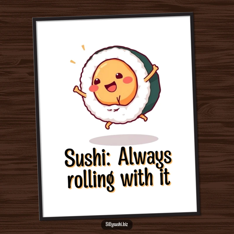 Funny Free Printable Wall Art depicting a sushi piece energetically doing a cartwheel, bringing playful vibes to any wall.