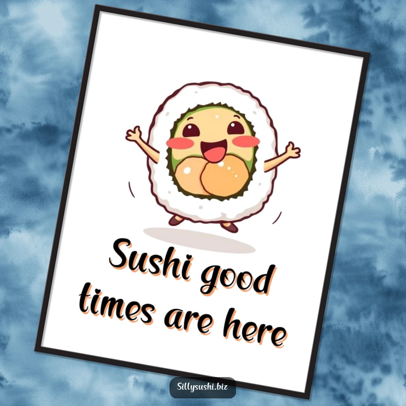 Funny Free Printable Wall Art of a smiling sushi roll performing an energetic, tiny dance, bringing edible fun to any space.