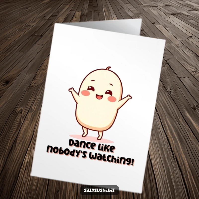 Funny Free Printable Nigiri Birthday Card: A smiling sushi character joyfully performing a silly dance, spreading birthday cheer.