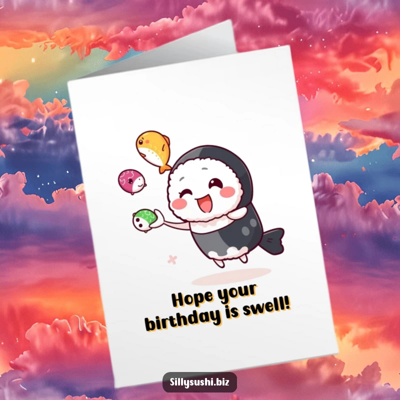 Funny Free Printable Birthday Card showing a happy sushi character skillfully juggling three colorful roe balls with a celebratory flair.