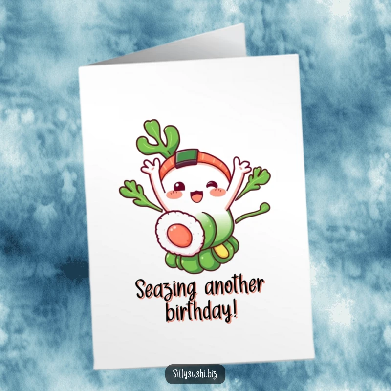 Funny Free Printable Birthday Seaweed Sushi Card: Nori with sushi segments waving happily, delivering birthday cheer.