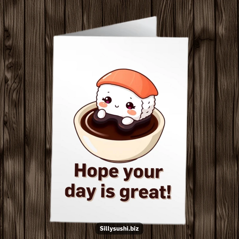 Funny Free Printable Shy Sushi Birthday Card: A cute sushi piece peeking bashfully from a soy sauce dish, wishing Happy Birthday.