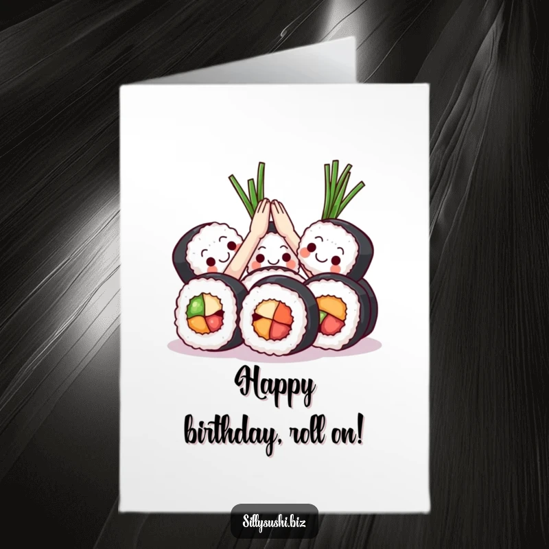 Funny Free Printable Sushi High Five Birthday Card: A group of sushi rolls giving a seaweed high five to celebrate a birthday.