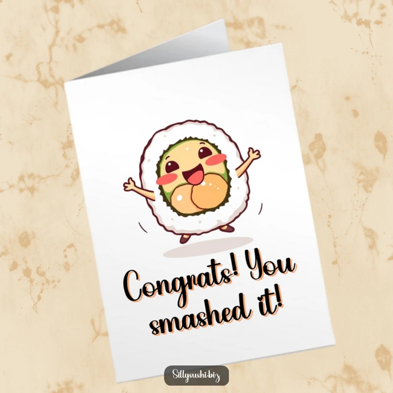 Funny Free Printable Congratulations Card: a smiling sushi roll doing a lively dance, perfect for celebrating any amazing achievement.