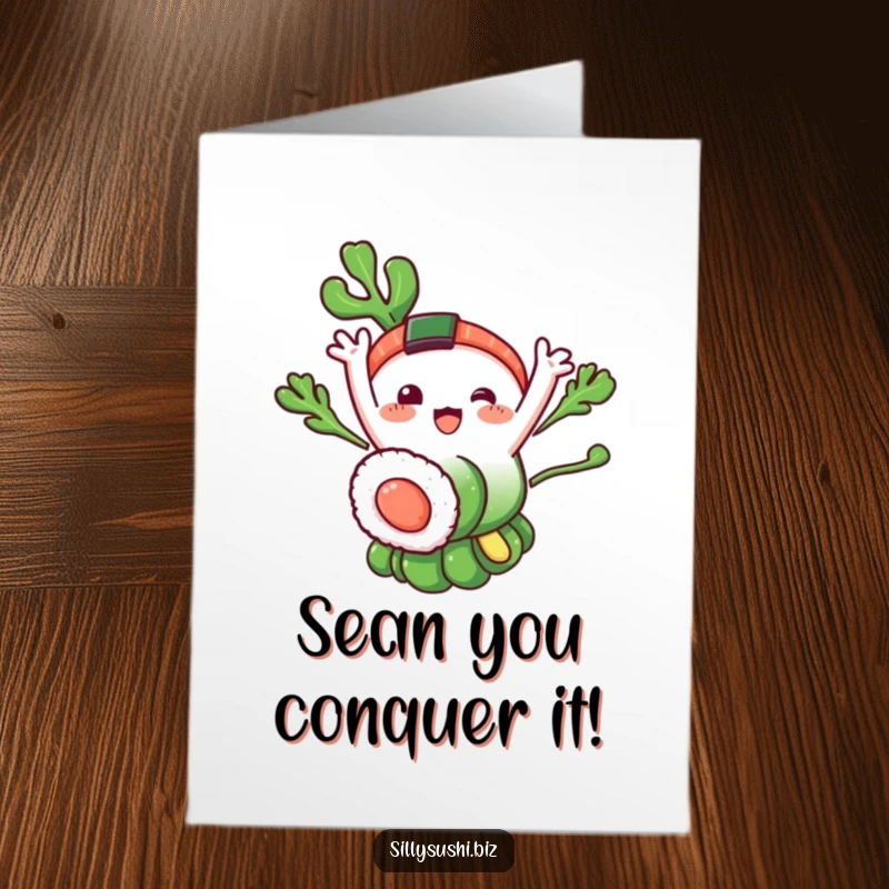 Funny Free Printable Congratulations Seaweed Sushi Card: Nori with attached sushi segments waving happily for achievements.