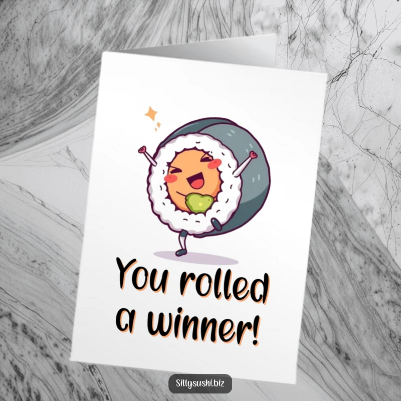 Funny Free Printable Congratulations Sushi Roll Card: A sushi roll performing a cartwheel with a wink.