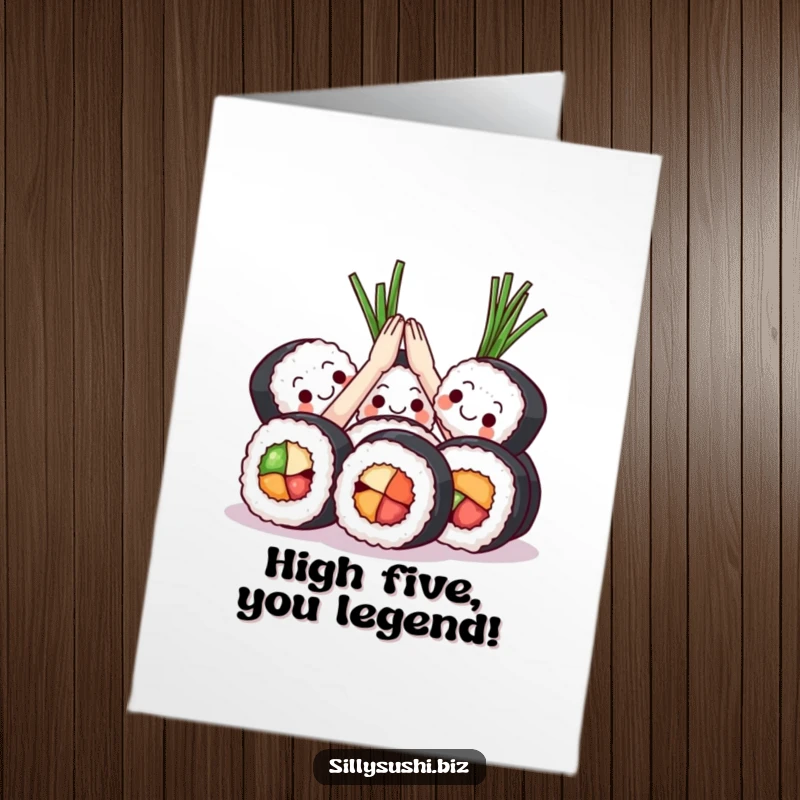 Funny Free Printable Sushi High Five Congratulations Card: Sushi rolls high-fiving with seaweed to celebrate a big win and express congrats.