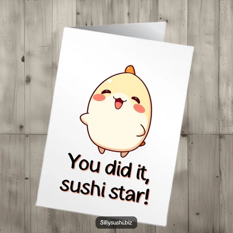 Funny Free Printable Congratulations Nigiri Card: A happy sushi character tilting with excitement for great news.