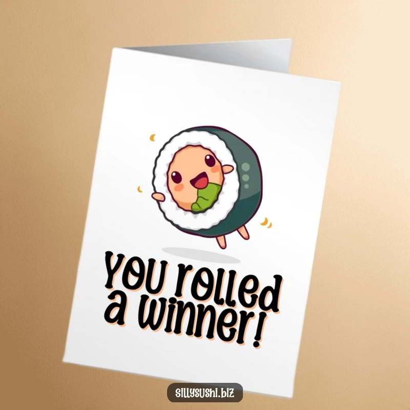 Funny free printable congratulations card: A happy sushi roll performs a playful somersault, conveying joy and congratulations.