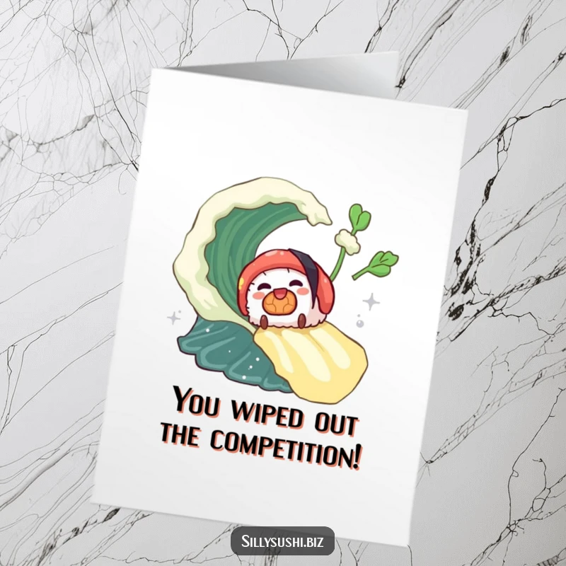Funny Free Printable Congratulations Card showing a sushi piece joyfully sliding down a wasabi wave, symbolizing a thrilling achievement.