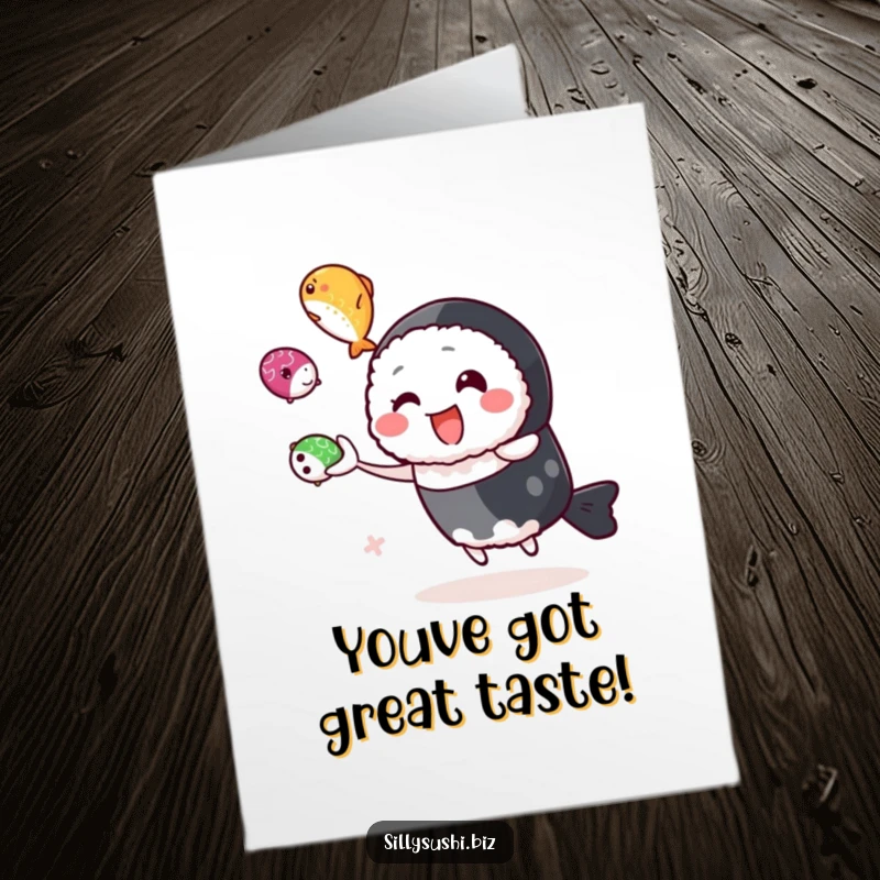 Funny Free Printable Congratulations Card featuring a cheerful sushi character juggling colorful roe, symbolizing impressive feats and good fortune.