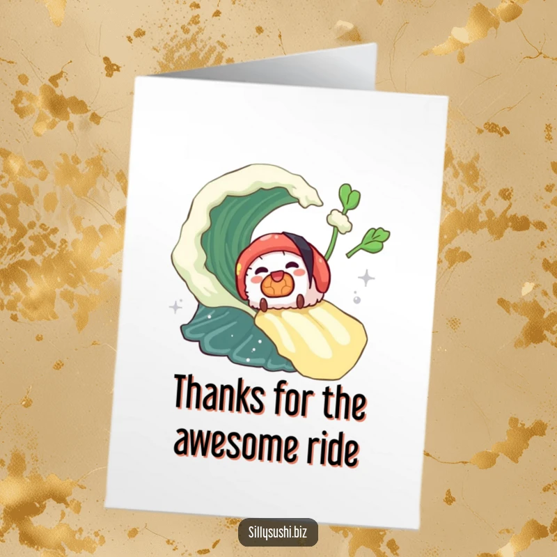 Funny Free Printable Thank You Card with a sushi piece joyfully riding a wasabi wave, conveying thanks with zest and excitement.