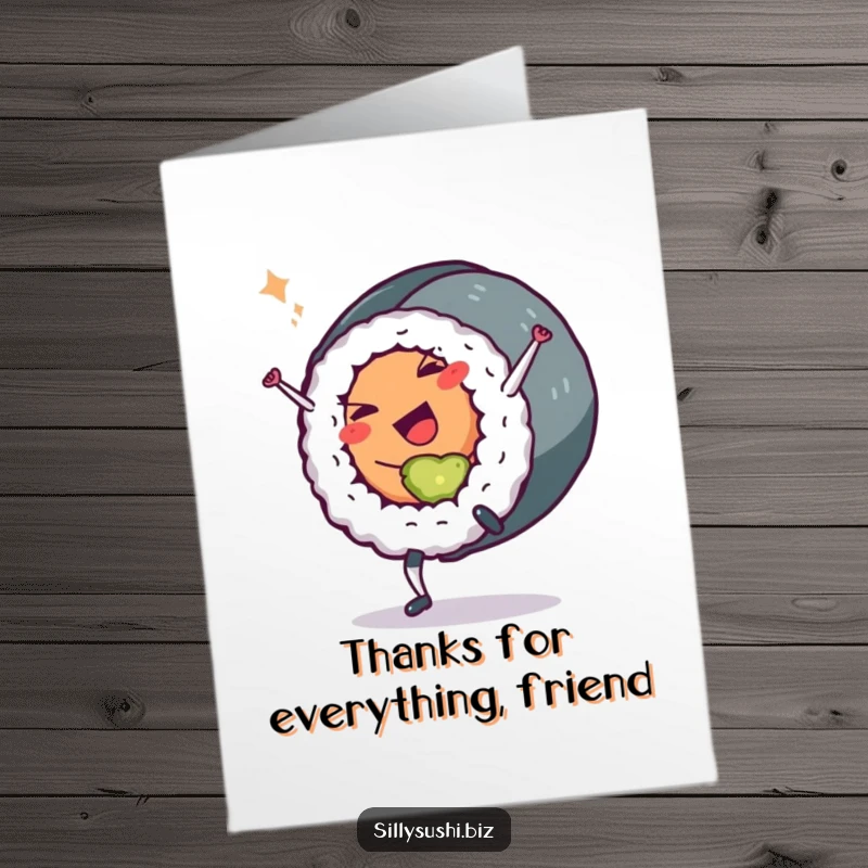 Funny Free Printable Thank You Sushi Roll Card: A sushi roll character doing a cartwheel and winking.