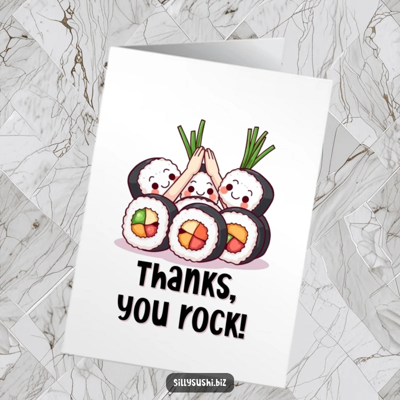 Funny Free Printable Sushi High Five Thank You Card: Sushi rolls giving a seaweed high five to express thanks and appreciation.