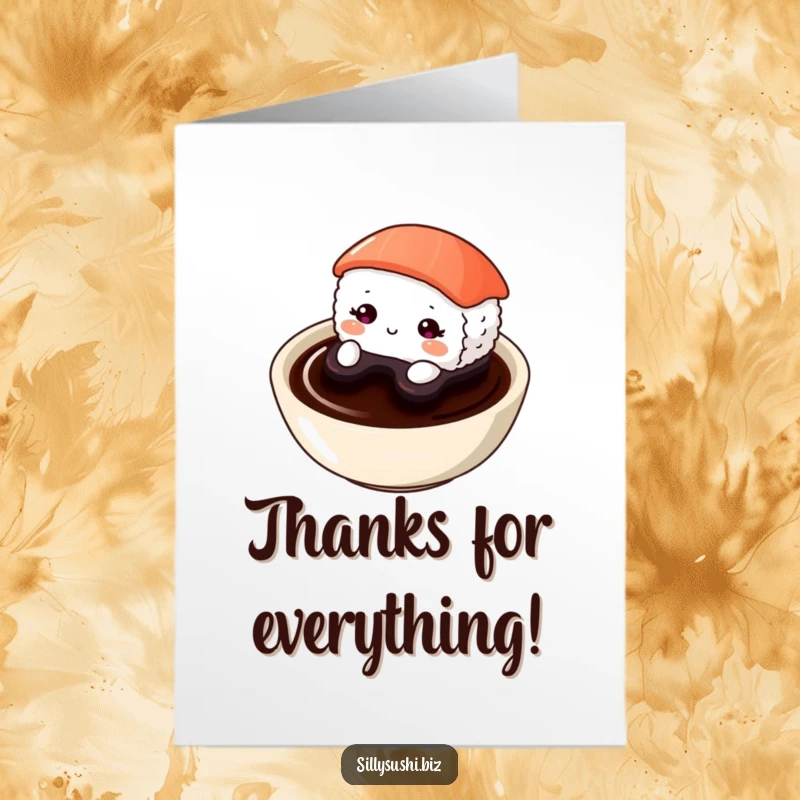 Funny Free Printable Shy Sushi Thank You Card: A cute piece of sushi peeking shyly from a soy sauce dish to say thank you.