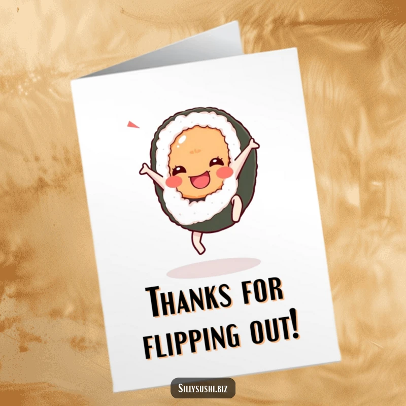 Funny Free Printable Joyful Sushi Thank You Card: A happy sushi character performing a cartwheel to joyfully express thanks and gratitude.