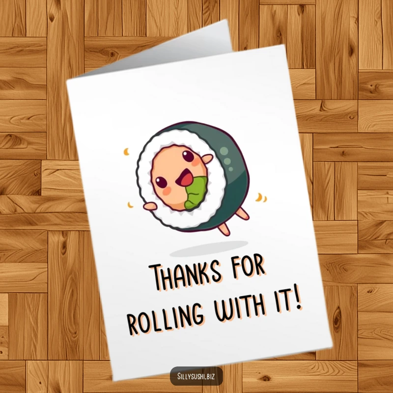 Funny free printable thank you card: A happy sushi roll does a playful somersault, a delightful way to say thank you.