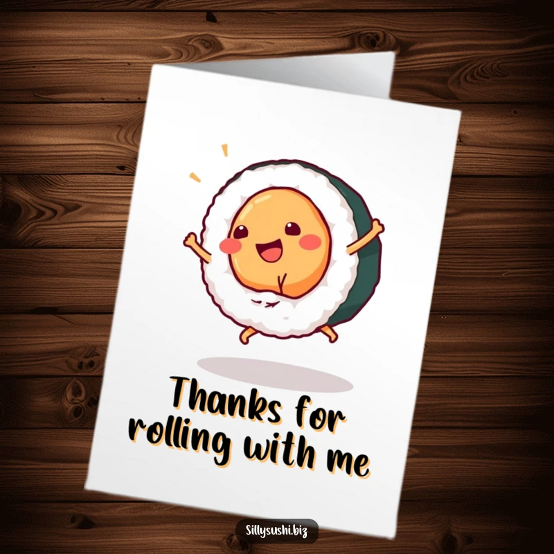 Funny Free Printable Thank You Card with a delighted sushi piece performing a cartwheel, conveying appreciation with glee.