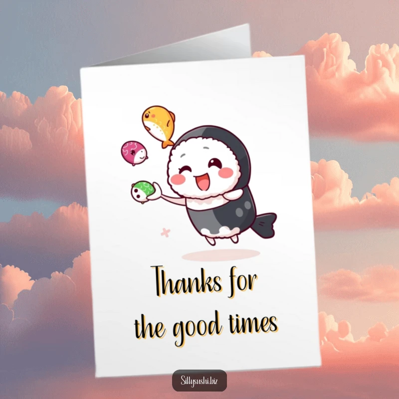 Funny Free Printable Thank You Card depicting a happy sushi character juggling three colorful roe, a delightful way to say thanks.