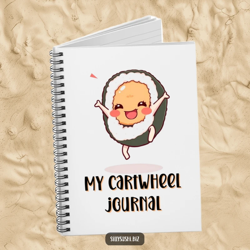 Funny Cartwheel Sushi Notebook featuring a sushi character doing a cartwheel. Ideal for dynamic note-taking.