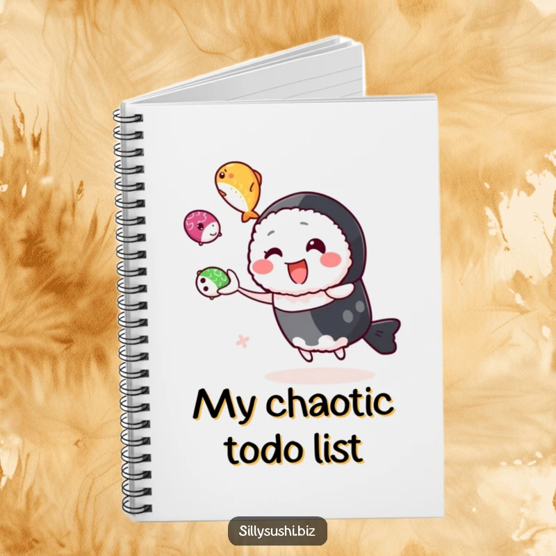 Funny sushi character juggling roe on a notebook, great for planning and encouraging focus. Perfect funny gift.