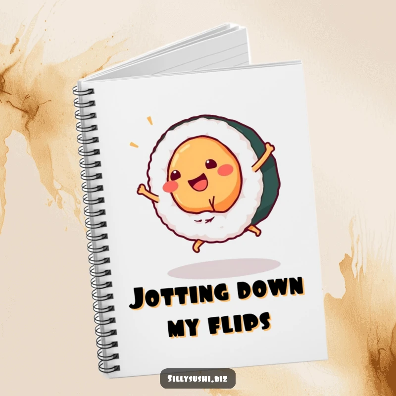 Funny sushi piece in a cartwheel pose on a notebook cover, encouraging creativity and joy. Perfect funny gift.