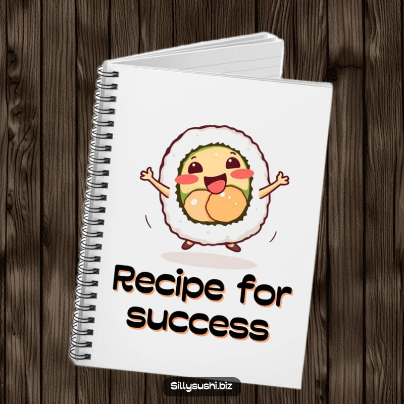 Funny smiling sushi roll character doing a tiny energetic dance, on the cover of a notebook.