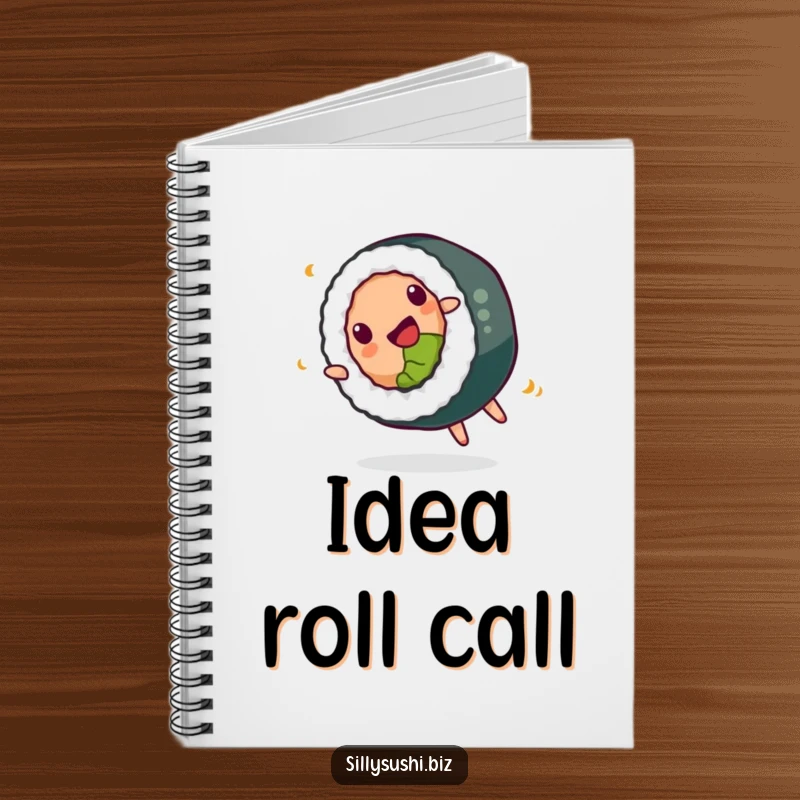 Funny Notebook with a happy sushi roll doing a playful somersault, perfect for jotting down delicious ideas.