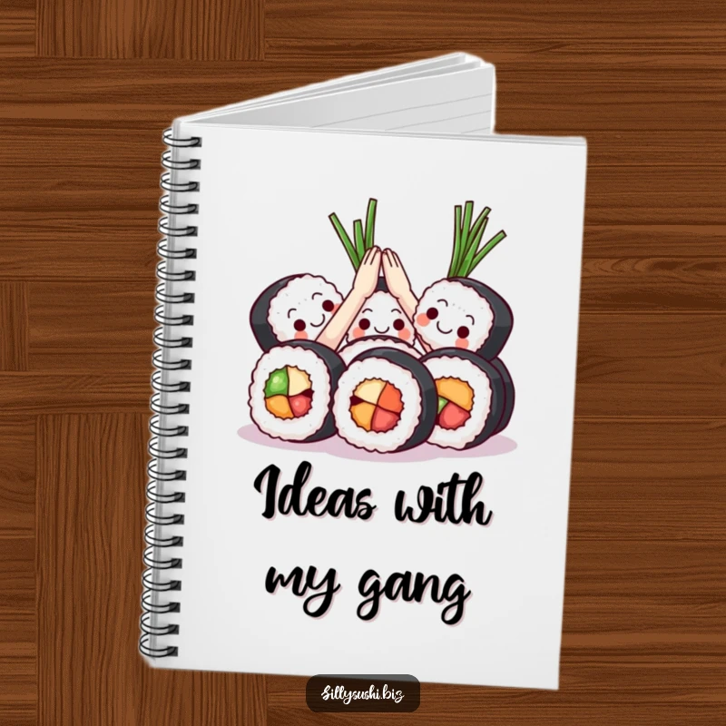 Funny Sushi High Five Notebook featuring sushi rolls celebrating with a high five and seaweed. Great for notes and ideas.