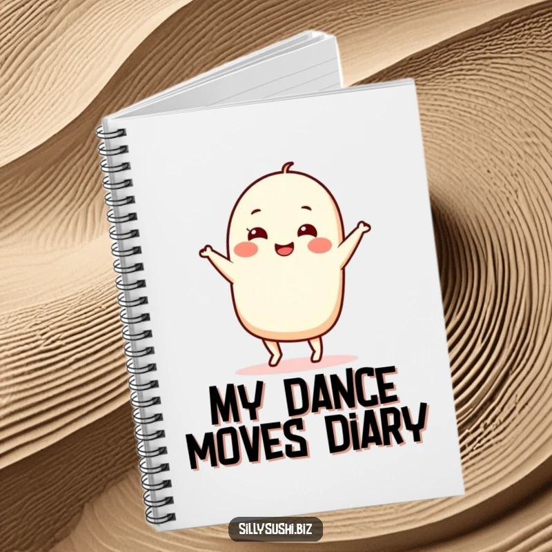 Funny Nigiri Dance Notebook showing a cheerful sushi character doing a lively, silly dance. Ideal for journaling or note-taking.