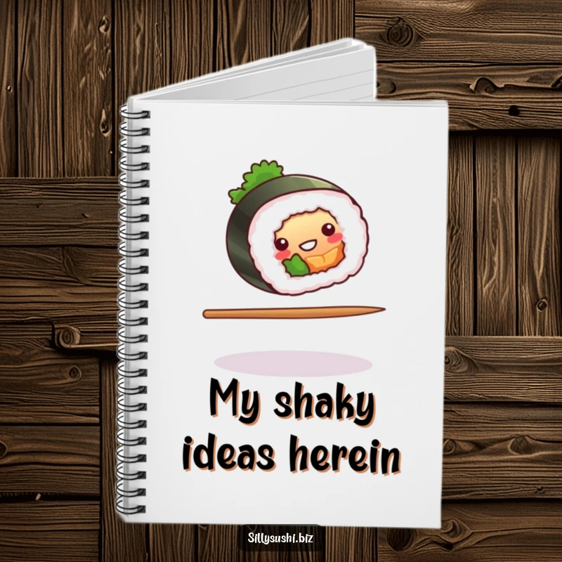 Funny sushi roll balancing on a chopstick on a notebook, perfect for planning and organization. Perfect funny gift.