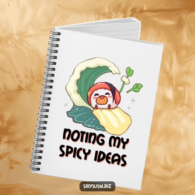 Funny sushi piece sliding down a wasabi wave on a notebook, perfect for documenting adventures. Perfect funny gift.