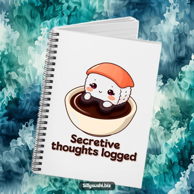 Funny Shy Sushi Notebook featuring a shy sushi character peeking from a soy sauce dish. Perfect for journaling secrets.