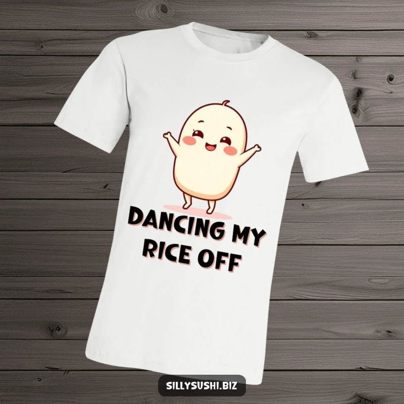 Funny Nigiri T-Shirt a smiling sushi character caught mid-silly dance move, printed on a comfortable tee, ideal for casual wear.