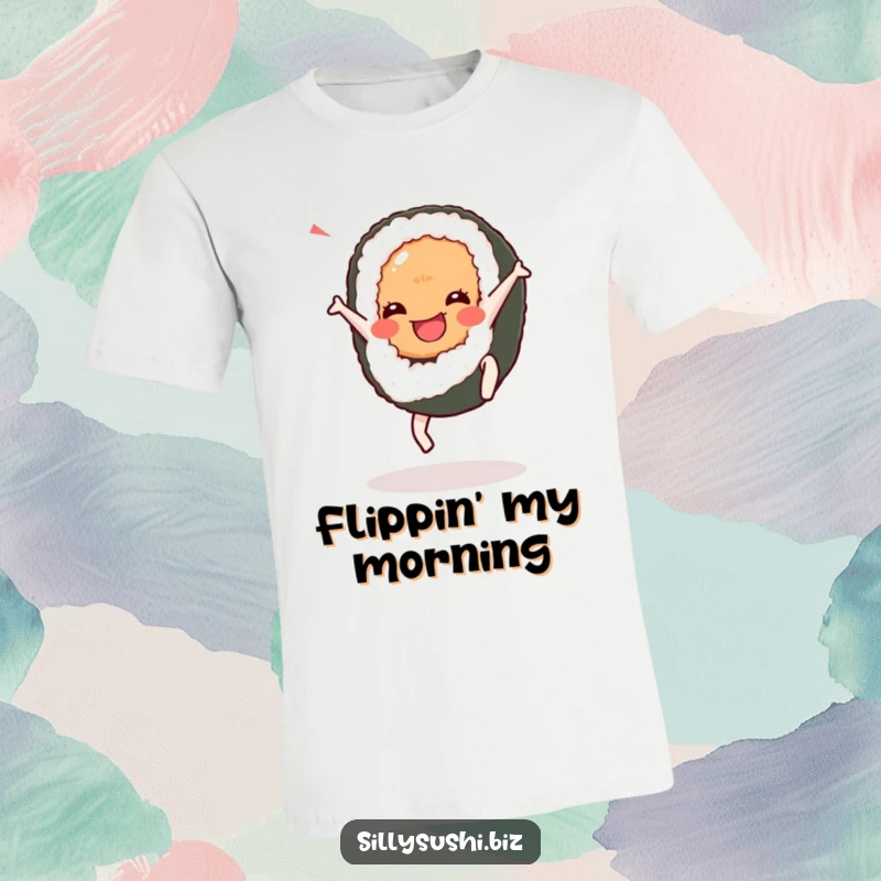 Funny Cartwheel Sushi T-Shirt depicting a joyful sushi character doing a lively cartwheel. Ideal for active, fun-loving people.