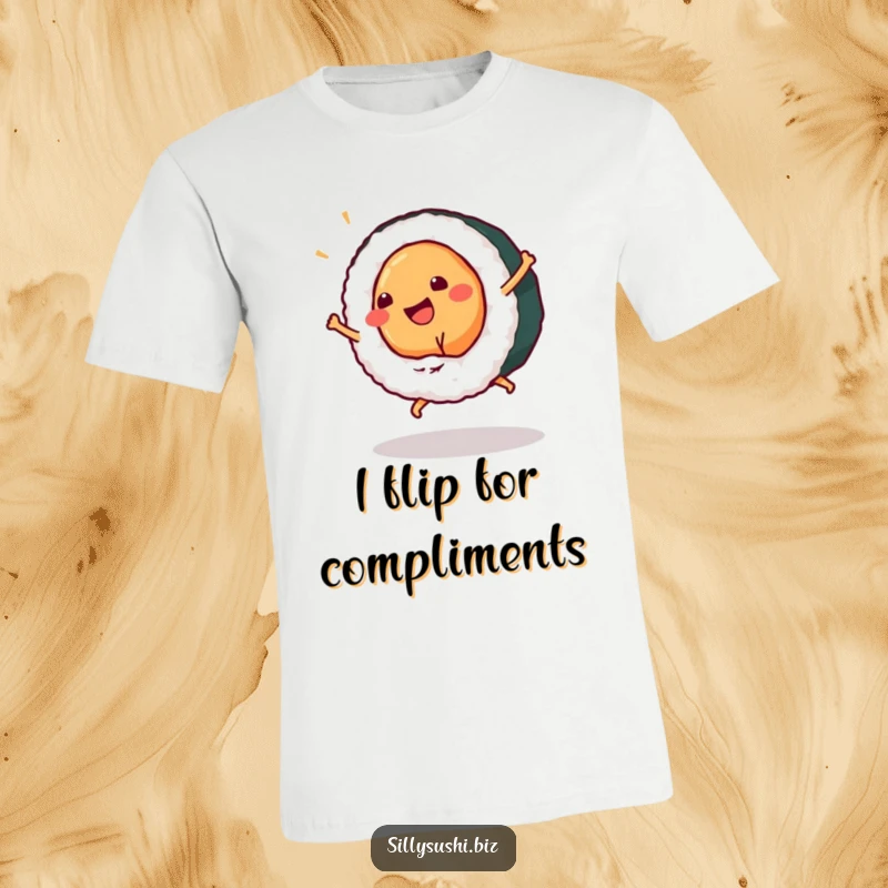 Funny sushi piece performing a cartwheel on a t-shirt, radiating playful energy and foodie delight. Great funny gift.