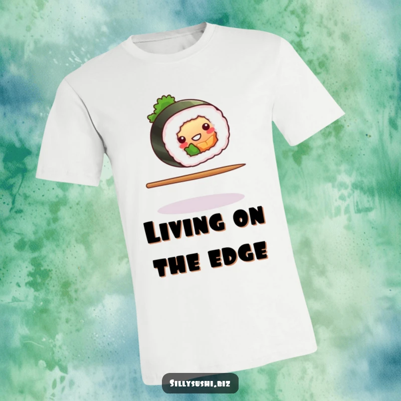 Funny sushi roll performing a comical balance on a chopstick on a t-shirt. Great funny gift.