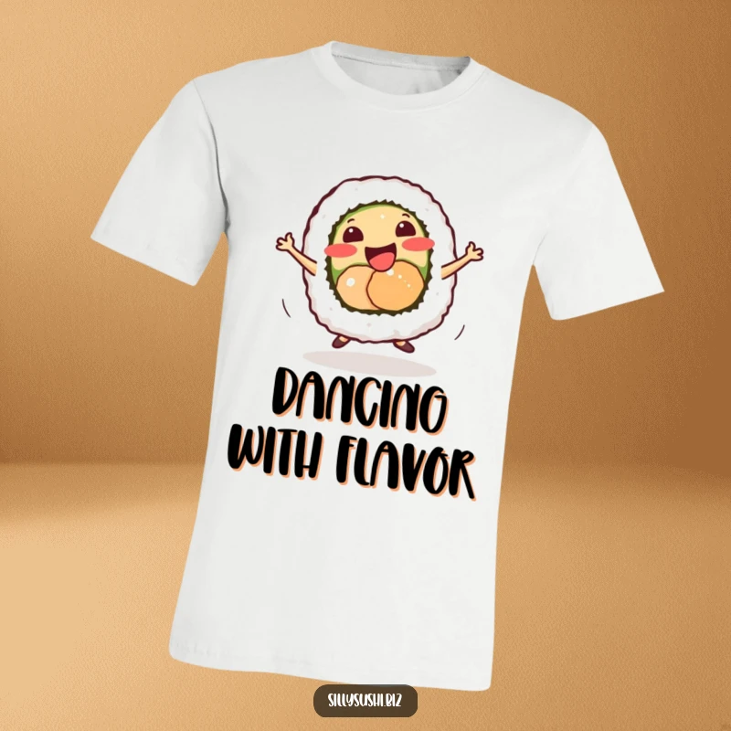 Funny smiling sushi roll doing a tiny energetic dance, printed on a soft and comfortable t-shirt.