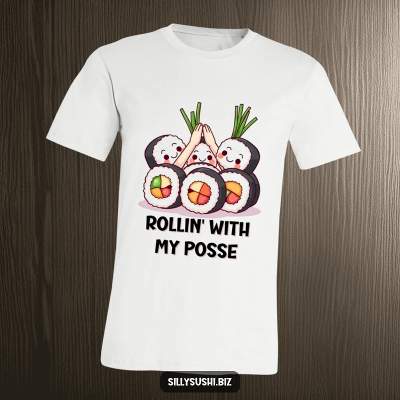 Funny Sushi High Five T-Shirt depicting sushi rolls high-fiving with seaweed, representing unity and playful celebration.