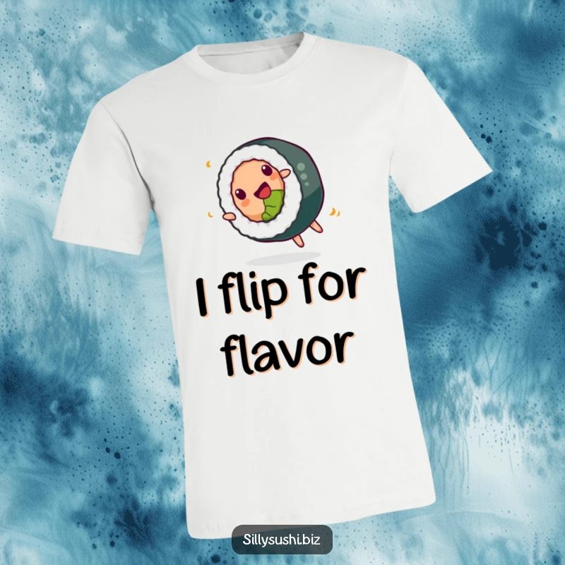 Funny T-Shirt showcasing a happy sushi roll doing a playful somersault, perfect for expressing love for food and fun.
