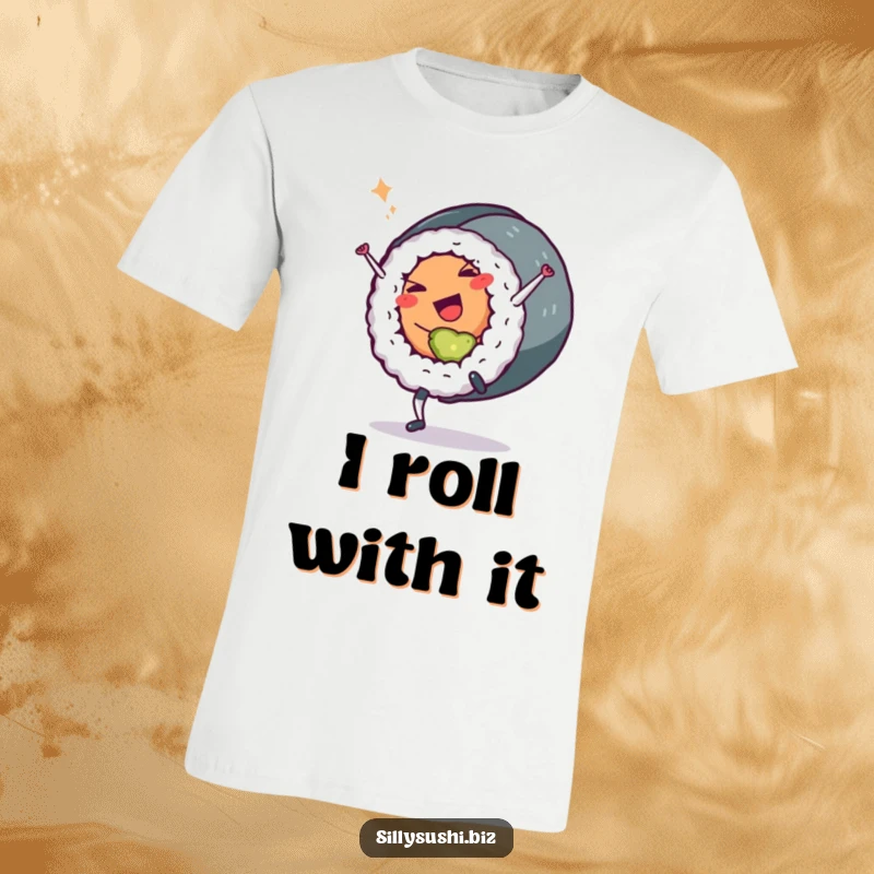 Funny Sushi Roll T-Shirt: A sushi roll character performing a cartwheel with a mischievous wink. Hilarious and fun, great gift.