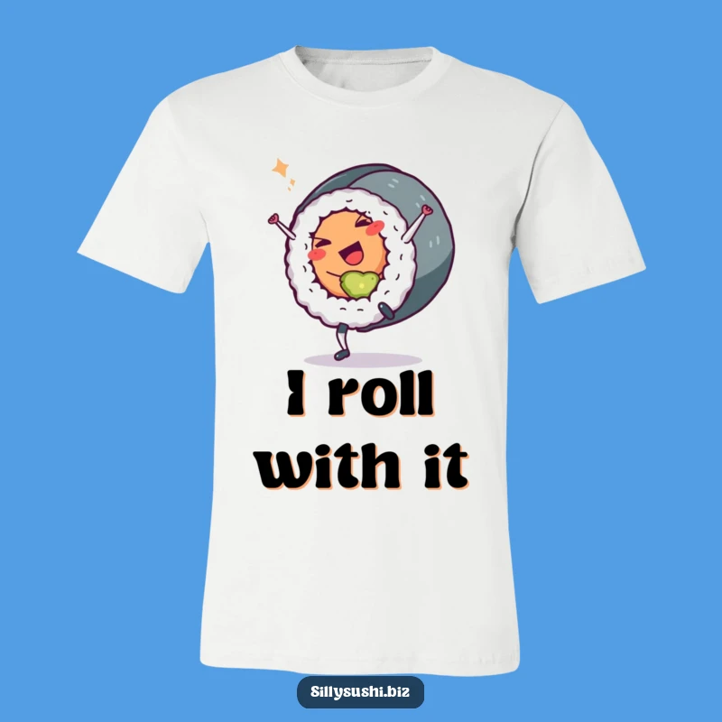 Funny Sushi Roll T-Shirt: Cartwheeling Character Tee, Playful Wink Gift