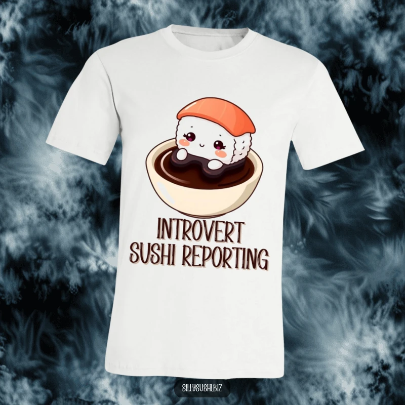 Funny Shy Sushi T-Shirt with an endearing sushi character hesitantly peeking from a soy sauce dish. Ideal for introverts.