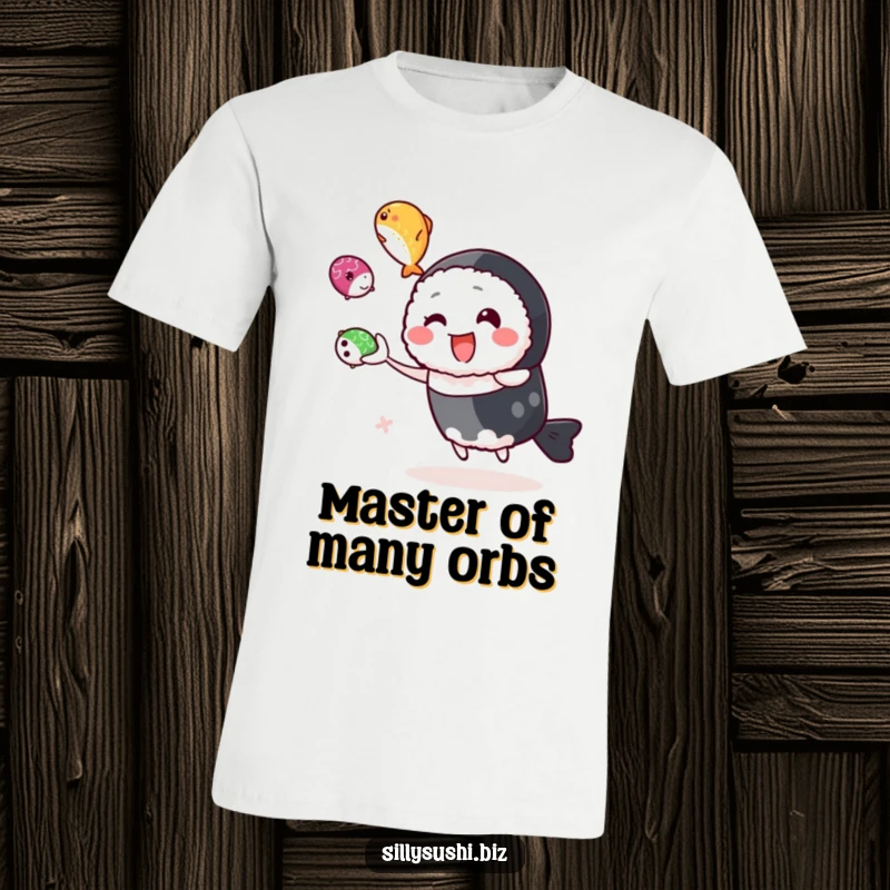 Funny happy sushi character juggling three bright roe on a t-shirt, radiating skill and humor. Great funny gift.