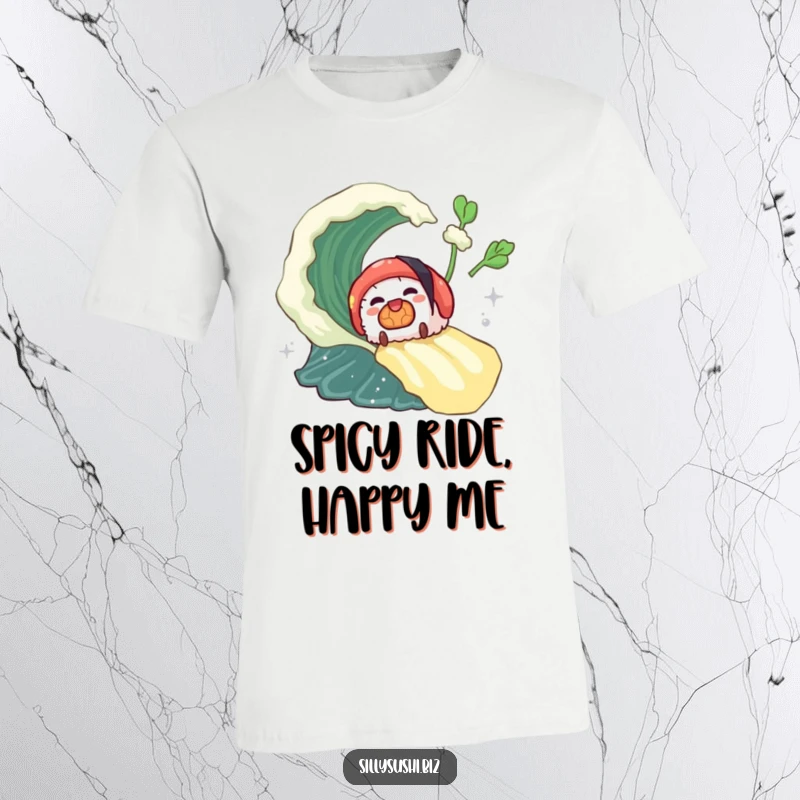 Funny sushi piece joyfully surfing a wasabi wave on a t-shirt, capturing excitement and foodie fun. Great funny gift.